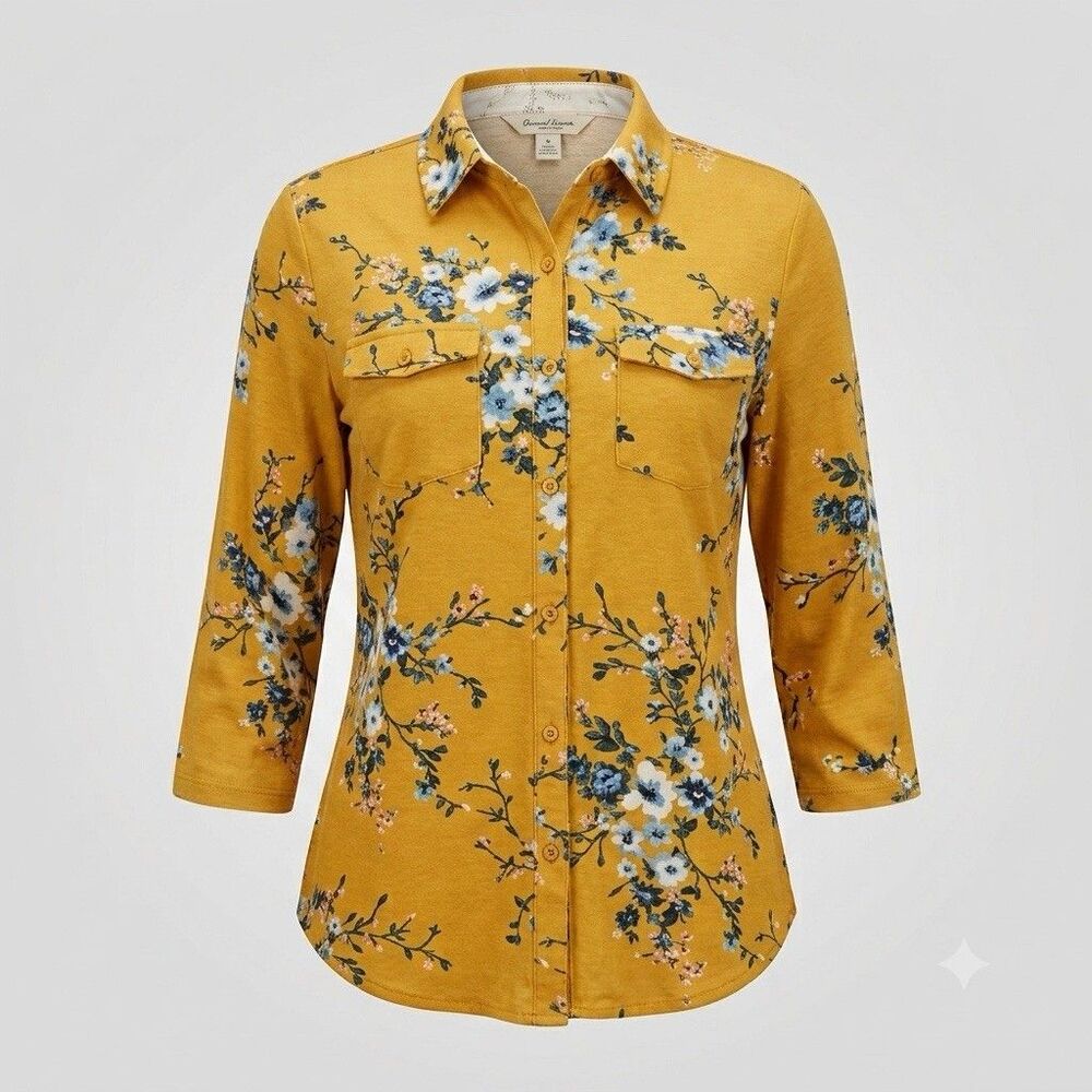 Eden & Olivia Women's Mustard Yellow Floral Button-Up Shirt Size Medium